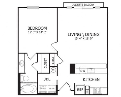 Floor plan for 1 bed, 1 bath, 693 sqft